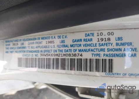 2001 Volkswagen Jetta Gls из США, поврежденный, VIN 3VWSK69M21M083874